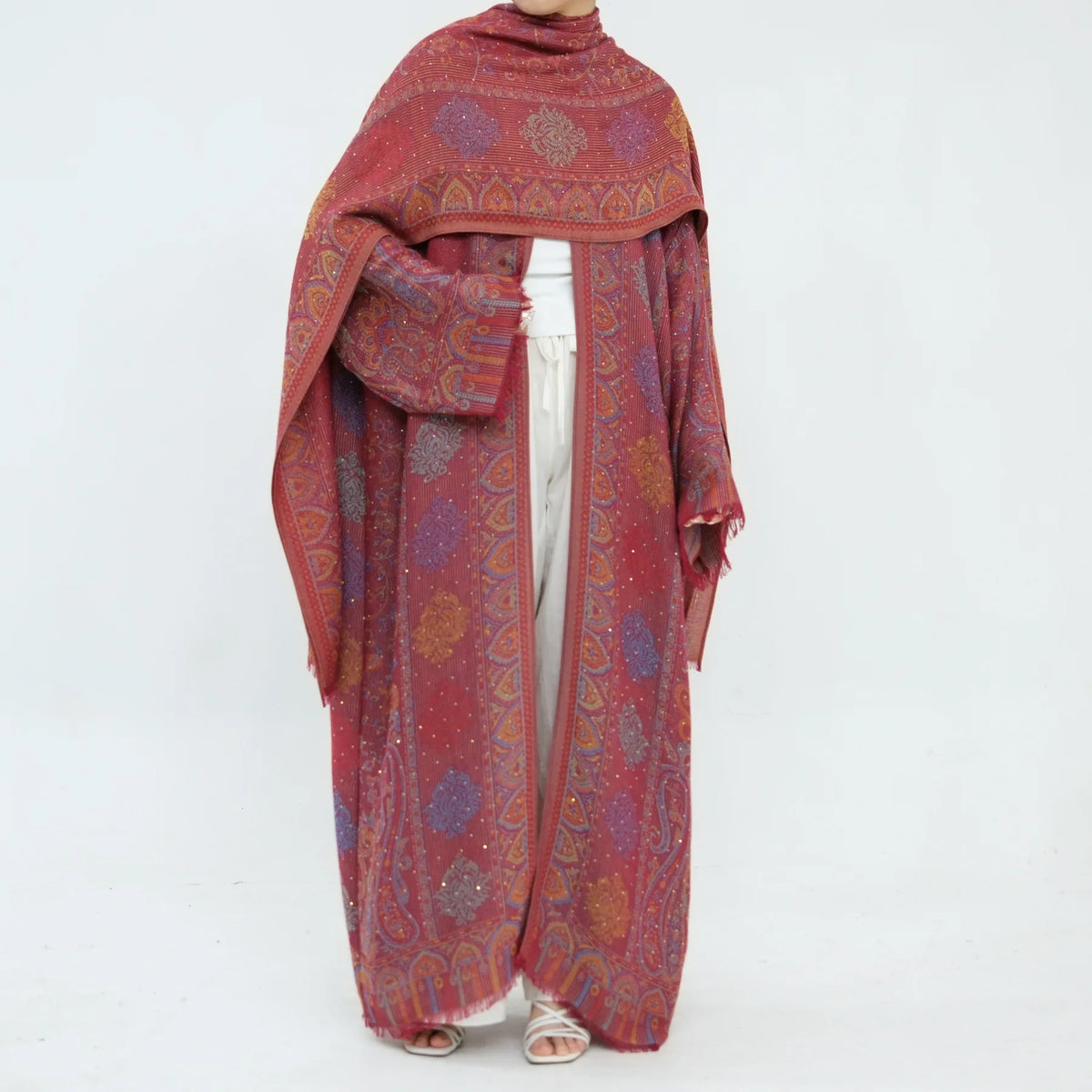 Ornate Paisley Abaya & Shawl Set — Red full-length front
