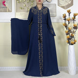 Navy Ornate abaya with belt and decorated front