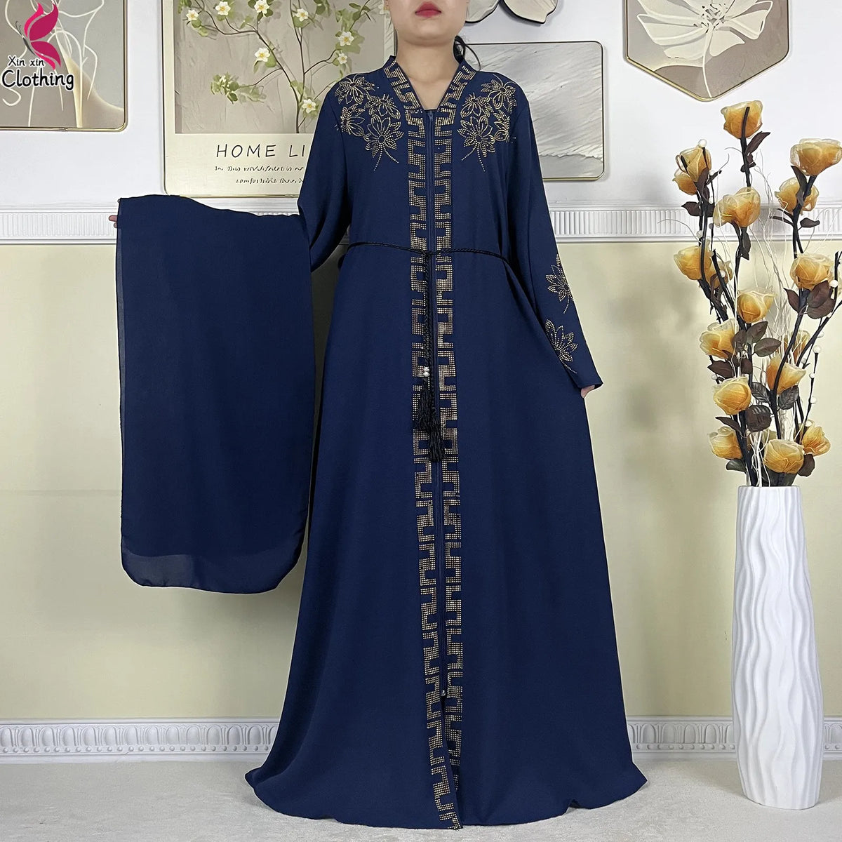 Navy Ornate abaya with belt and decorated front