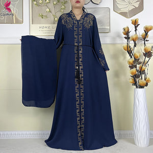 Navy Ornate abaya with belt and decorated front