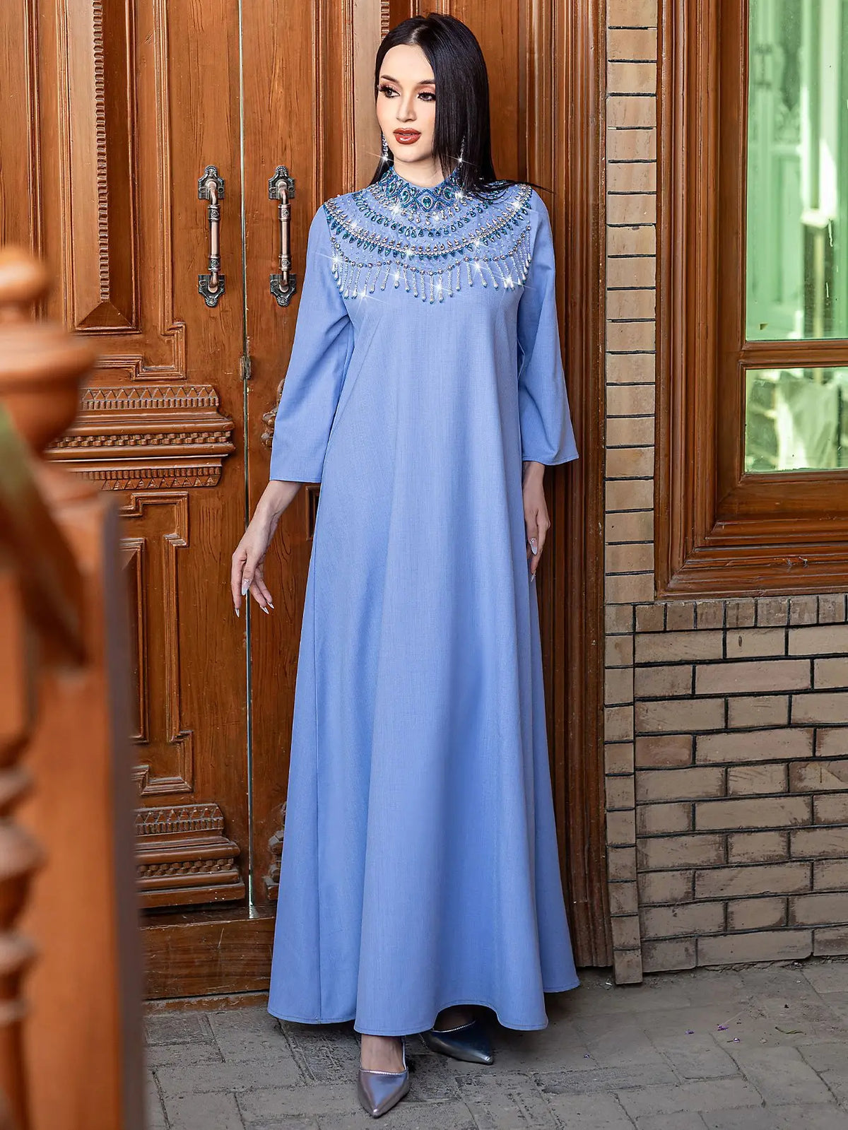 HIA Beaded-Yoke Occasion Maxi Dress — Full-length front