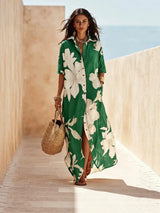 Red botanical print short-sleeve shirt dress