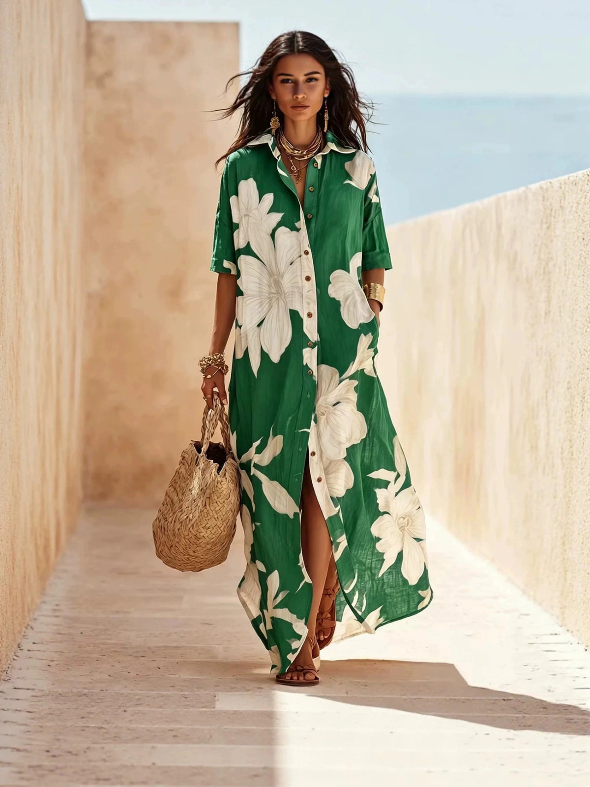 Red botanical print short-sleeve shirt dress
