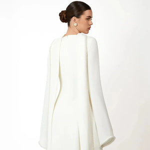 Pearl-Trim Cape Maxi Dress — White full-length front