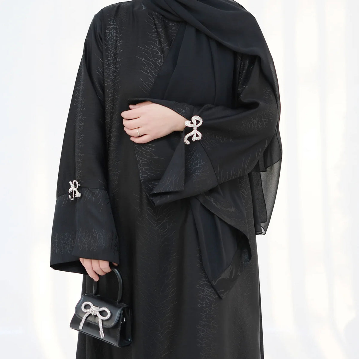 HIA Bow-Cuff Satin Abaya — Gray full-length