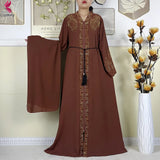 Brown Ornate zip-front abaya with belt