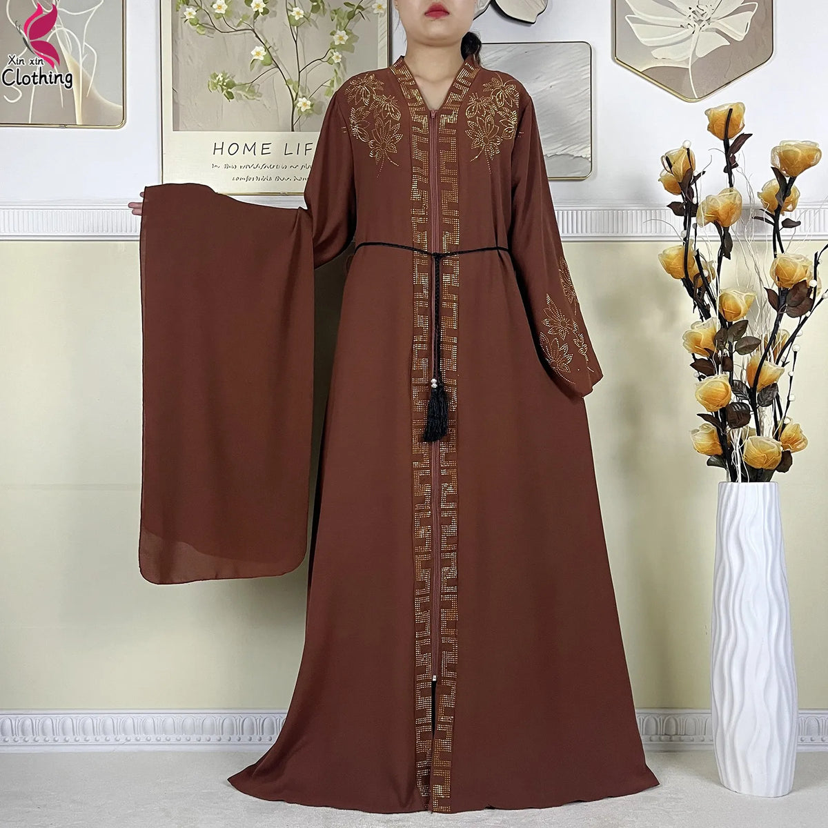 Brown Ornate zip-front abaya with belt