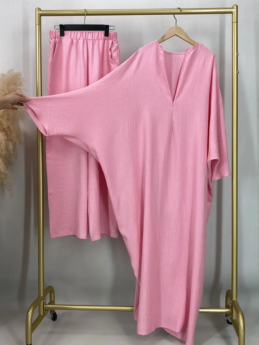 HIA Ruched Crinkle Tunic & Wide-Leg Trousers Set — outfit and fabric detail, view 5