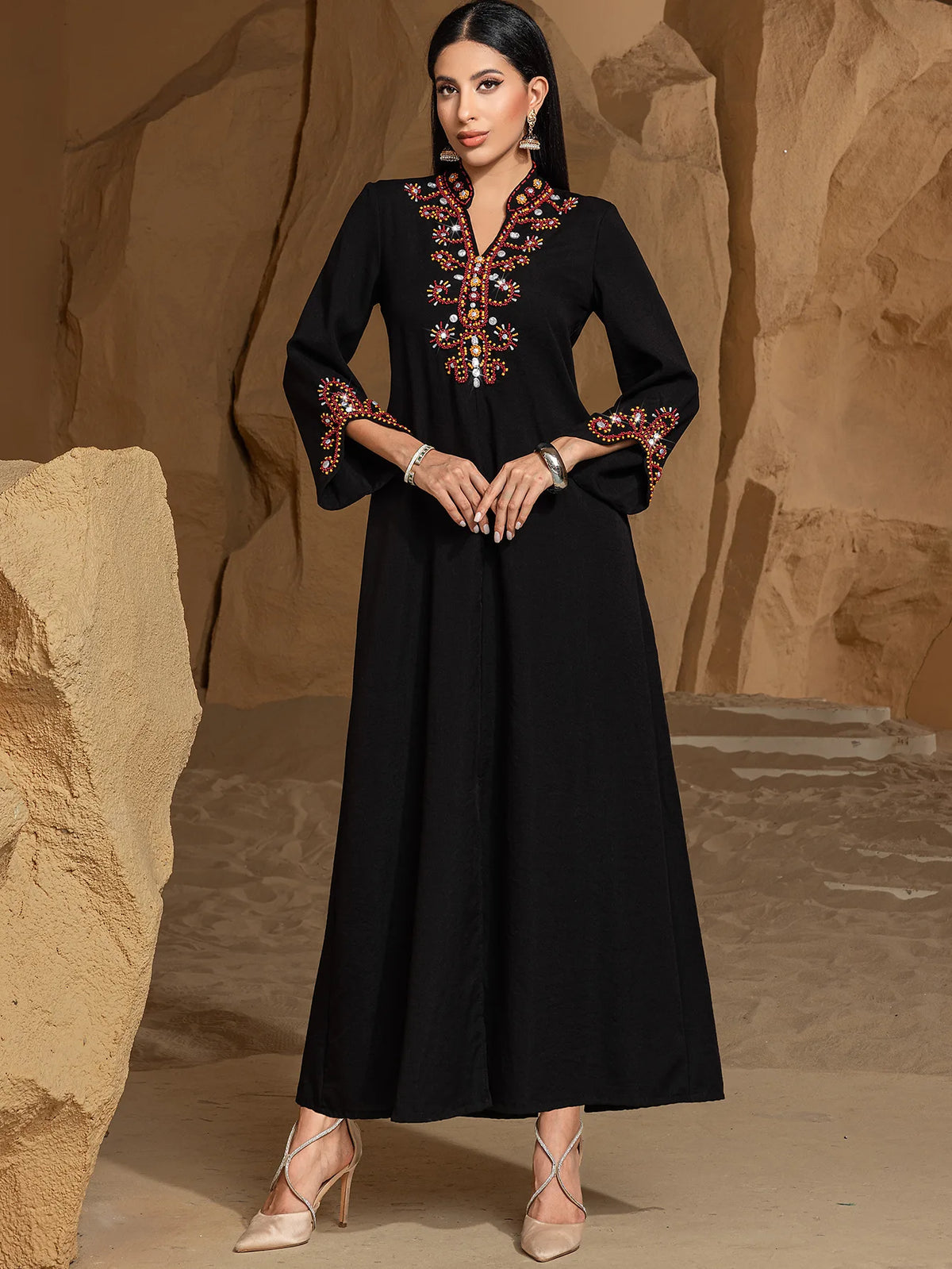 Embellished Neckline Occasion Dress — Black styled front