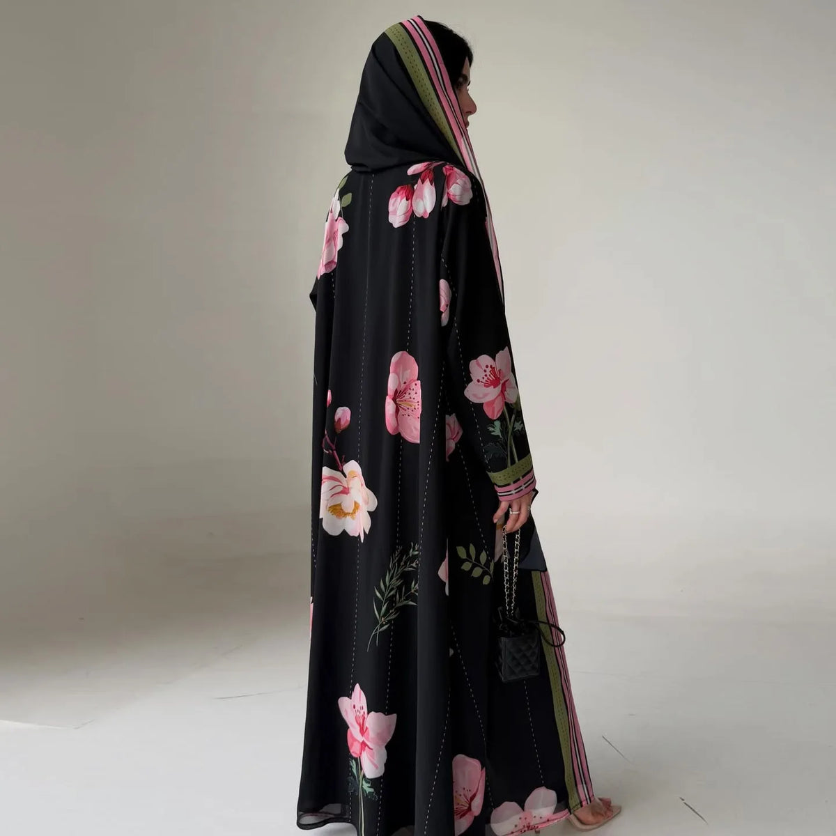 Black Floral Border Abaya & Hijab Set — product view 3