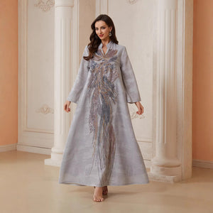 Sequin Feather-Pattern Kaftan Dress — Gray full-length front