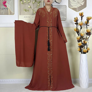 Rust Ornate abaya with belt and decorated front
