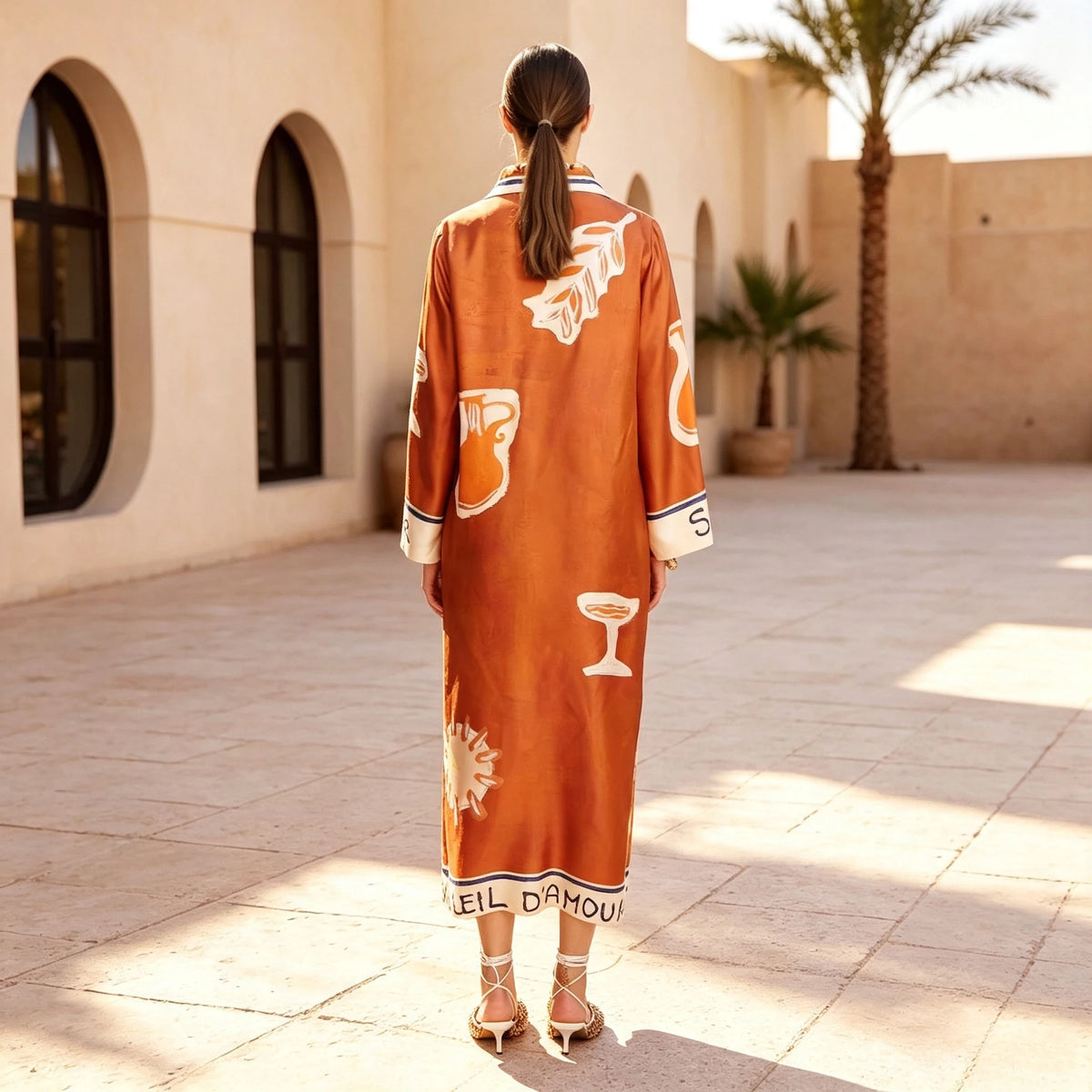 Back of terracotta art print shirt dress