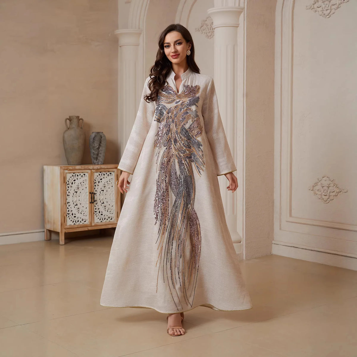 Sequin Feather-Pattern Kaftan Dress — Apricot full-length front