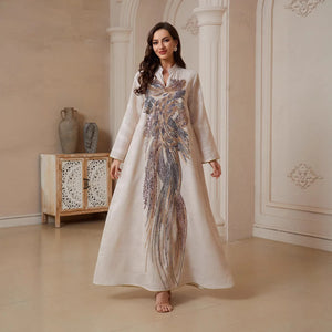 Sequin Feather-Pattern Kaftan Dress — Apricot full-length front