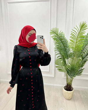 Crimson Ditsy Belted Dress in Black & Crimson — product view 7