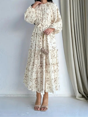 Alternate front view of the cream floral long dress