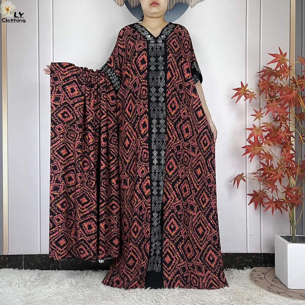 Geometric Maxi Dress & Oversized Scarf Set — Coral Geometric | HIA