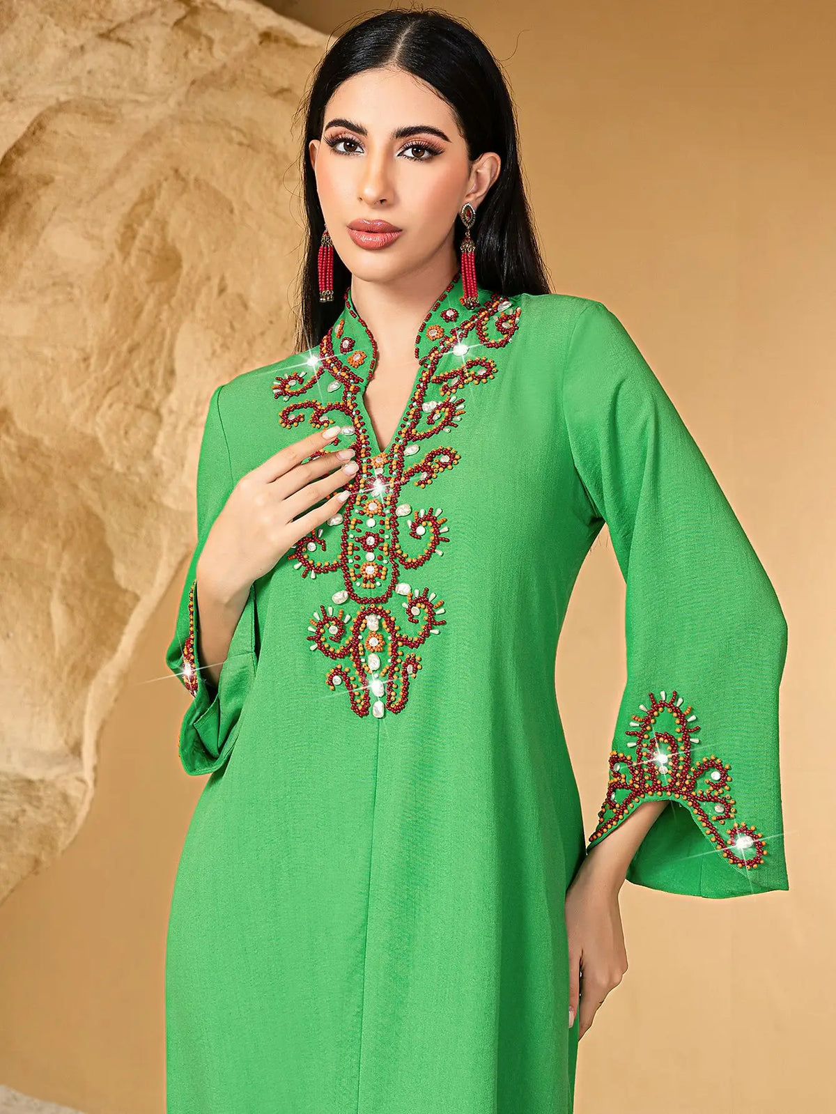 Embellished Neckline Occasion Dress — Green full-length front