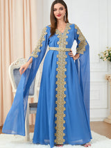 HIA Gilded Cape-Sleeve Occasion Dress — Navy full-length view