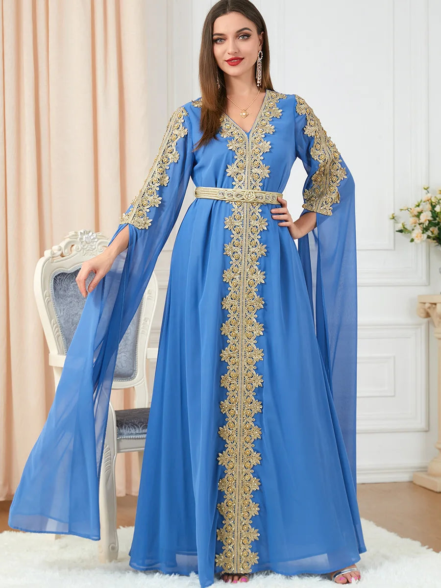 HIA Gilded Cape-Sleeve Occasion Dress — Navy full-length view