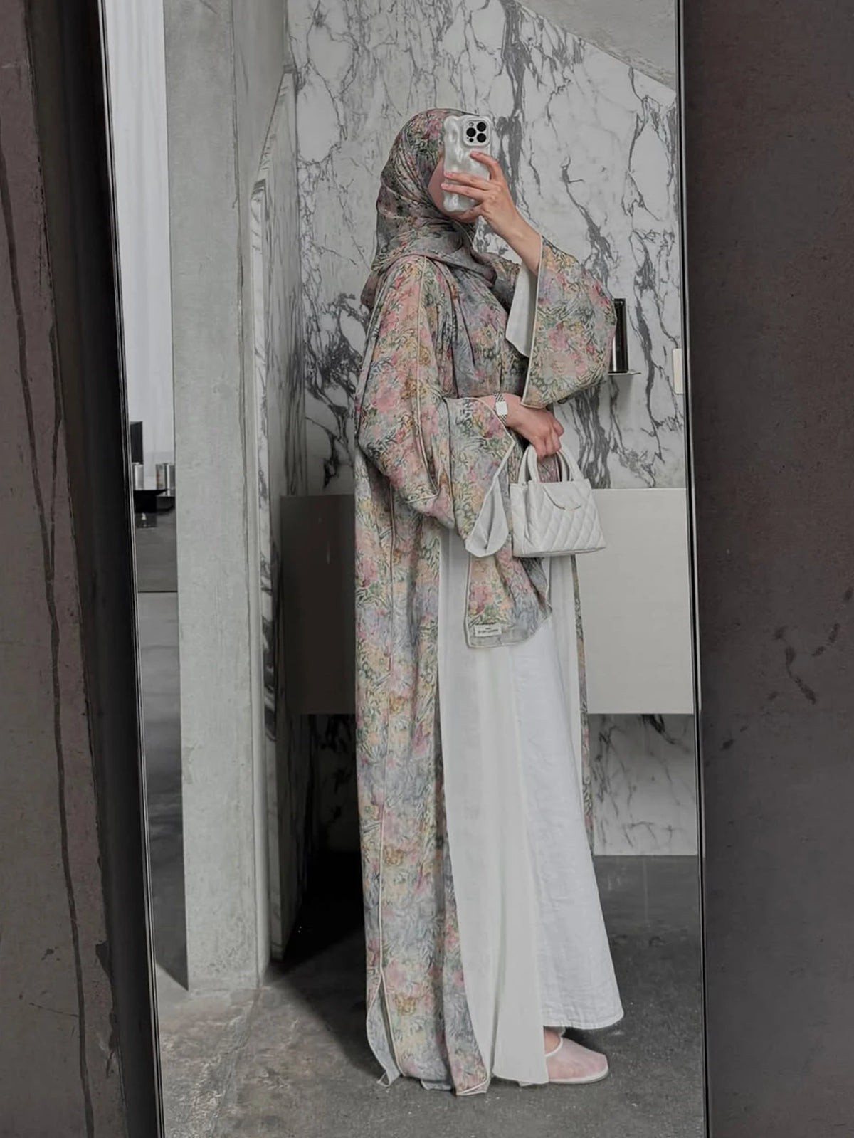 HIA soft floral open abaya and scarf – full-length view