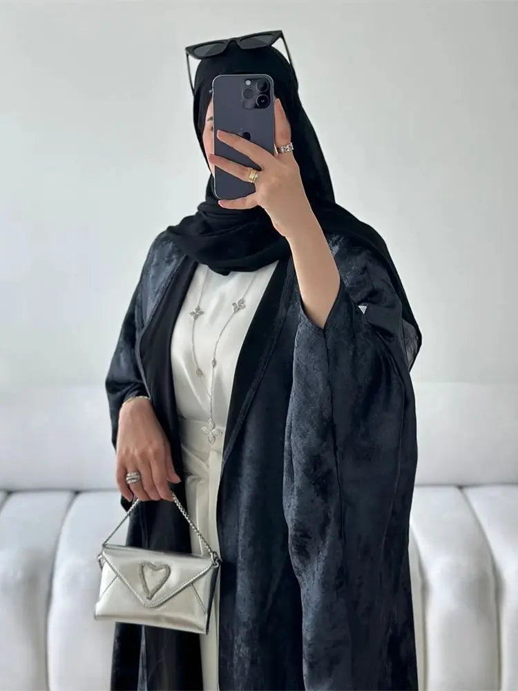 HIA Textured Satin-Look Open Abaya — Black, upper-front view