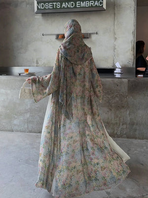 HIA soft floral open abaya and scarf – flowing back view
