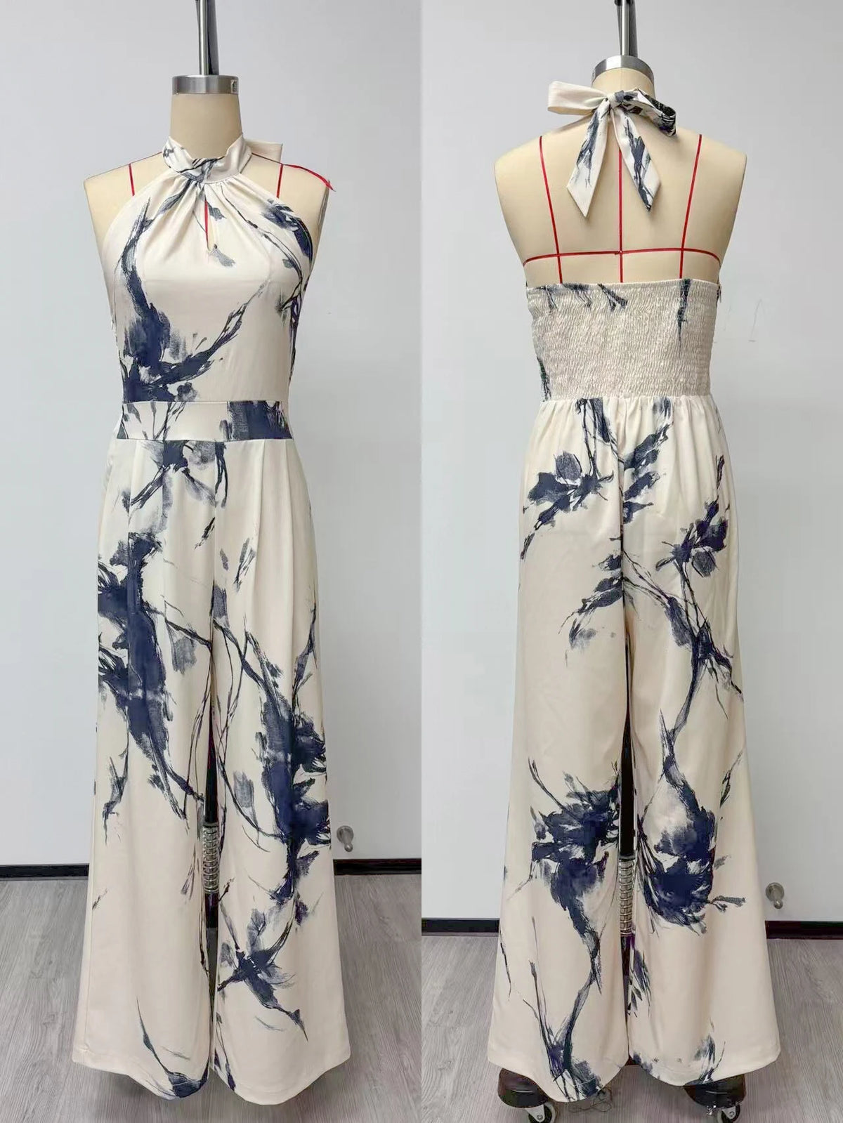 Ink Print Halter Wide-Leg Jumpsuit — actual garment front and open back on mannequin