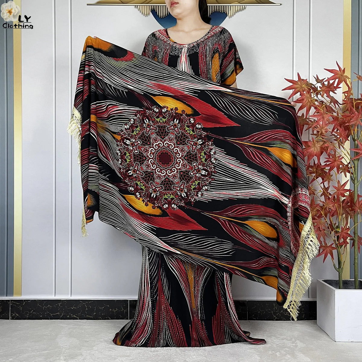 Multicolor Maxi Kaftan & Scarf Set | HIA