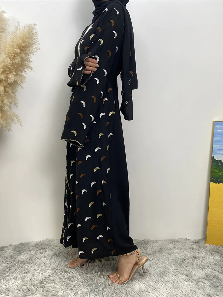 Crescent Embroidered Open Abaya | HIA