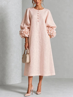 HIA floral cuff textured midi dress — Pink front view