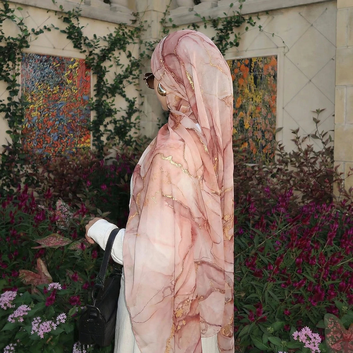 HIA Blush Marble Print Hijab — blush polyester scarf, styling view 1