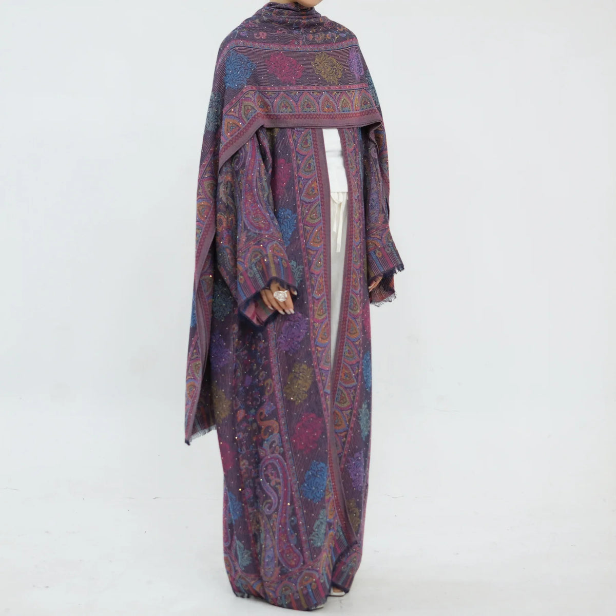 Ornate Paisley Abaya & Shawl Set — Pink full-length front