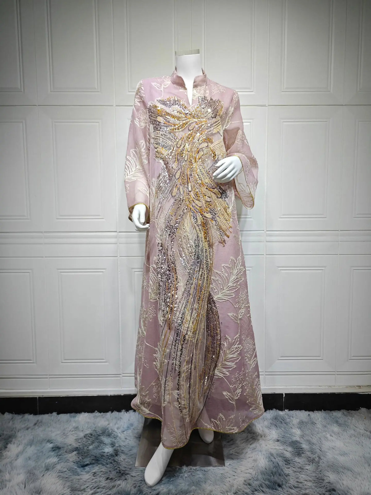 HIA Sequined Botanical Embroidered Abaya — Apricot product view