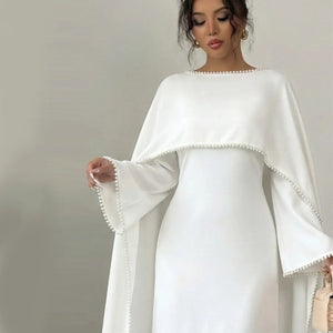 Pearl-Trim Cape Maxi Dress — White cape and bodice