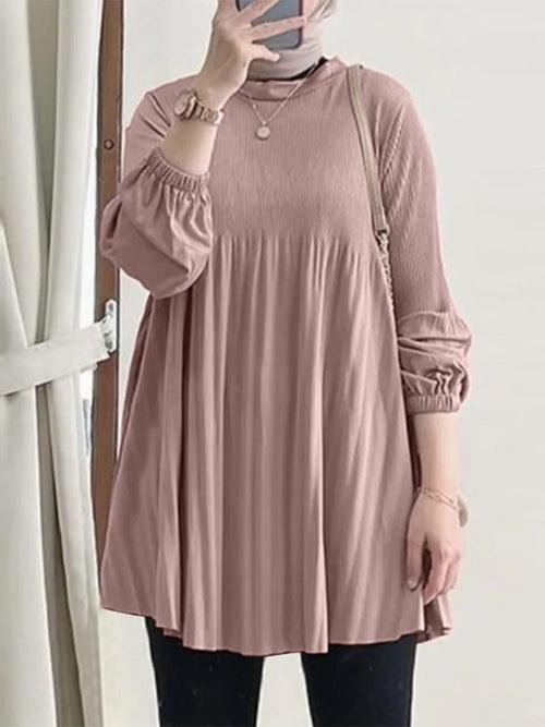 ZANZEA Pleated Long Blouse – O-Neck, Long Sleeve