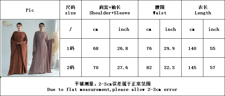 Supplier measurement chart for Size 1 and Size 2 batwing abayas