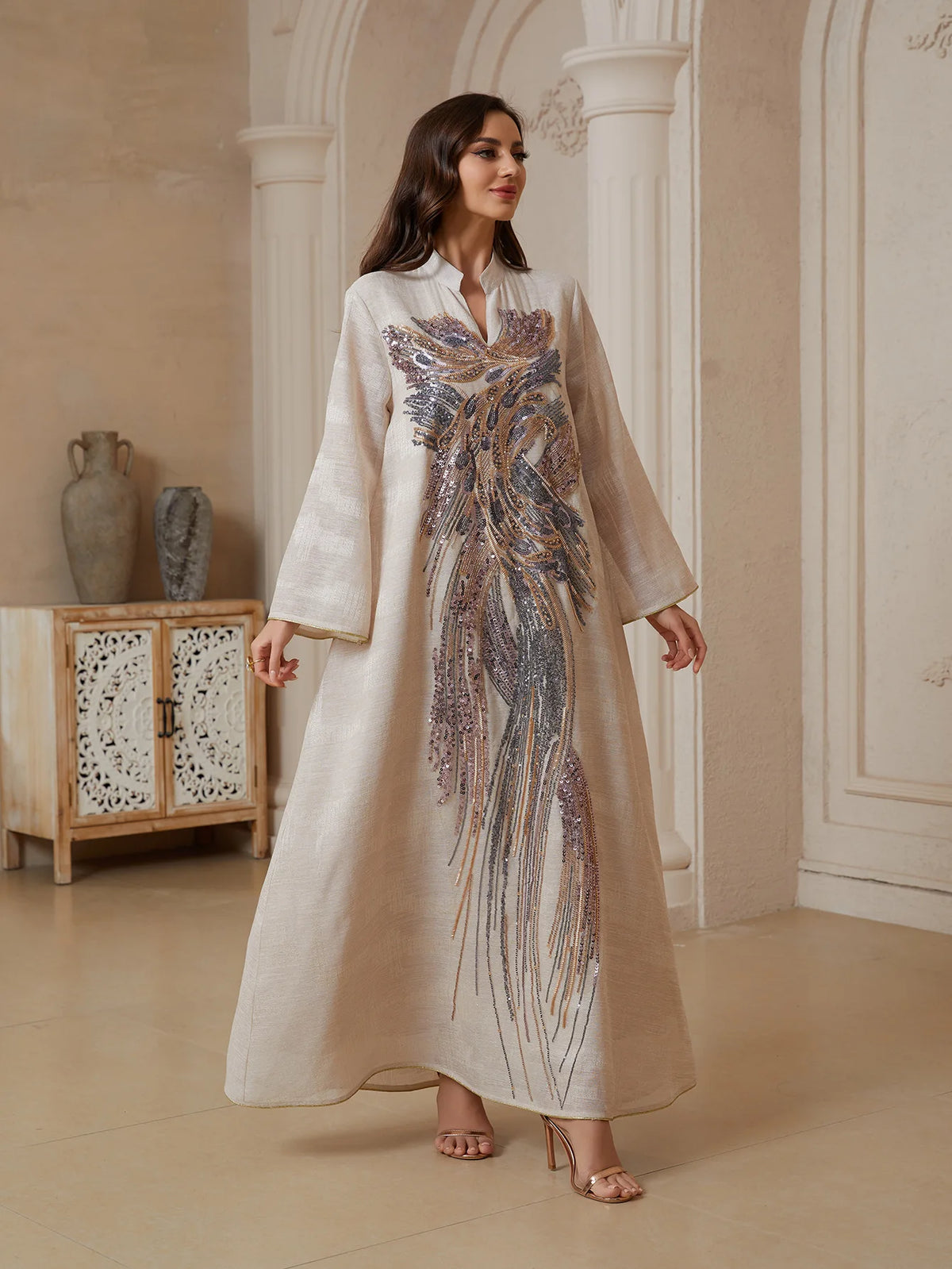 Sequin Feather-Pattern Kaftan Dress — Apricot full-length view