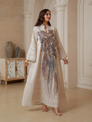 Sequin Feather-Pattern Kaftan Dress — Apricot full-length view