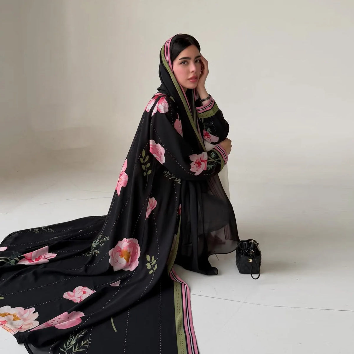 Black Floral Border Abaya & Hijab Set — product view 2