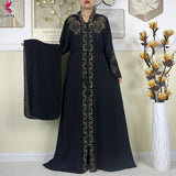 Black Ornate abaya with belt and decorated neckline