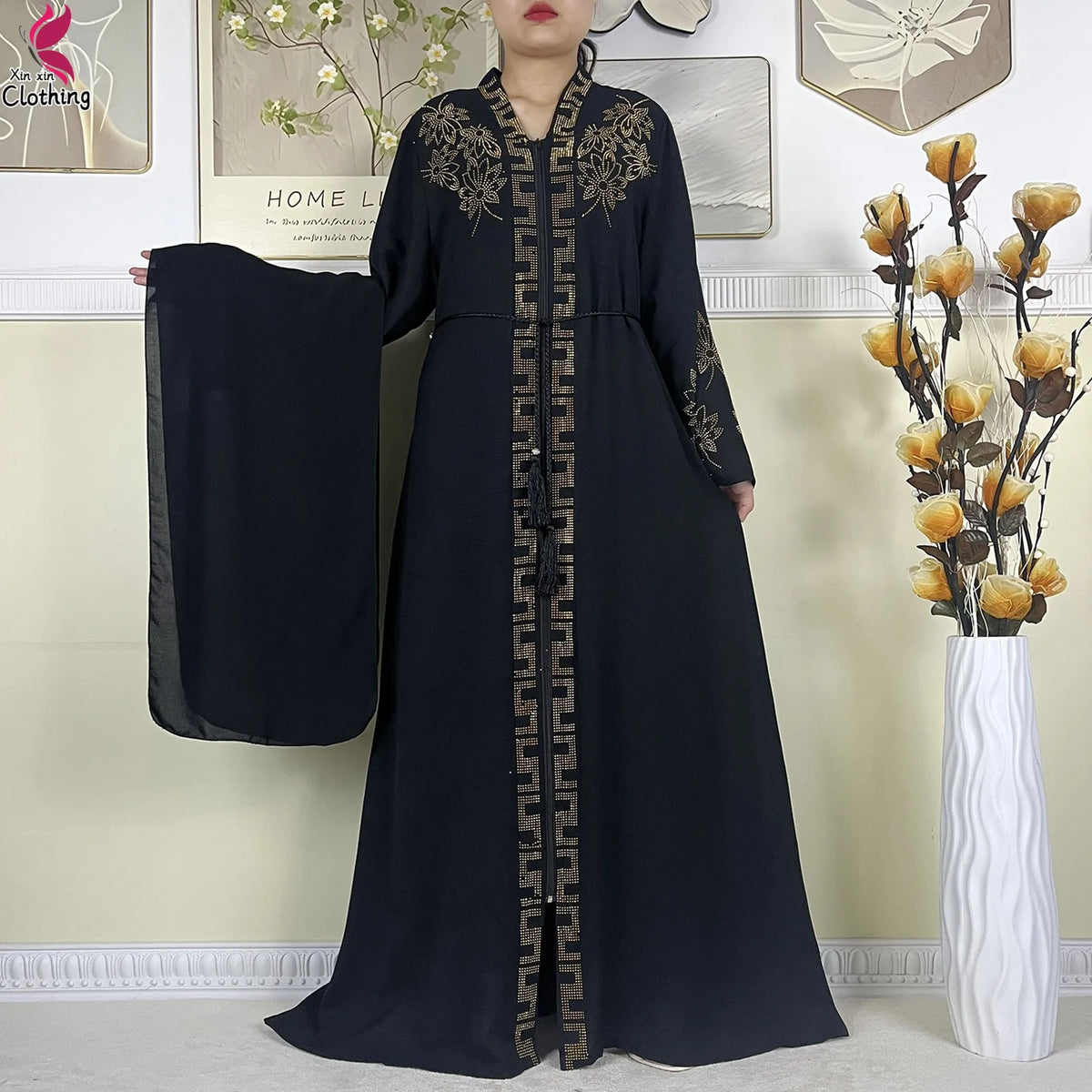Black Ornate abaya with belt and decorated neckline