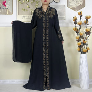 Black Ornate abaya with belt and decorated neckline