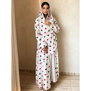 Heart Print Abaya & Hijab Set — White with Red and Black Hearts front