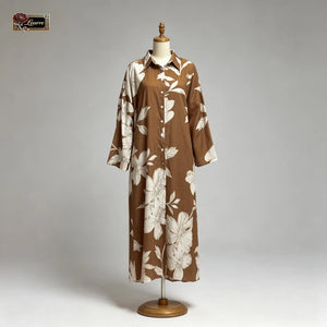 Black botanical print short-sleeve shirt dress