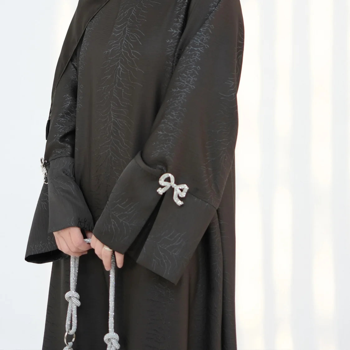 HIA Bow-Cuff Satin Abaya — Coffee upper body
