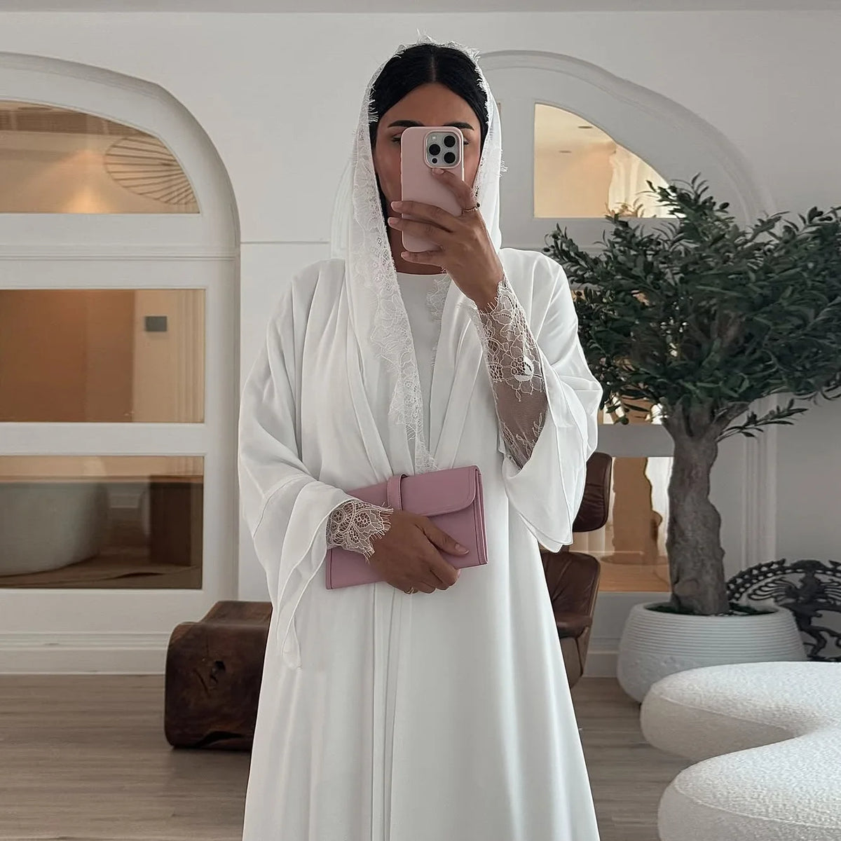 HIA White Lace-Trim Open Abaya & Hijab Set — lace-trim detail