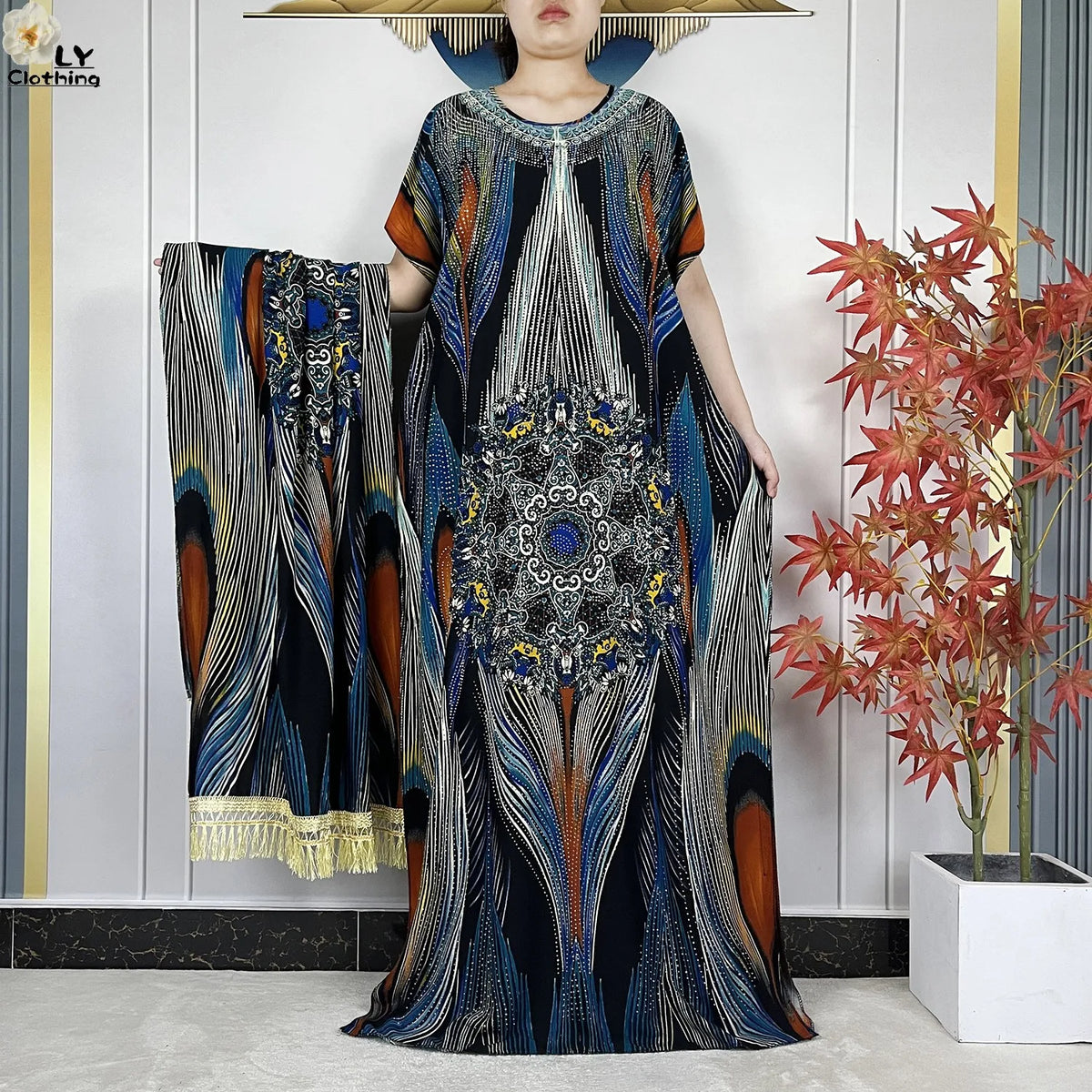 Multicolor Maxi Kaftan & Scarf Set — Blue Multicolor | HIA