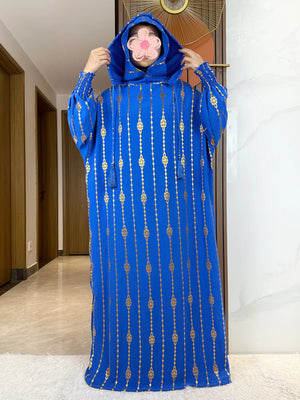 HIA Gold-Accent Hooded Prayer Dress in Royal Blue, hood detail view